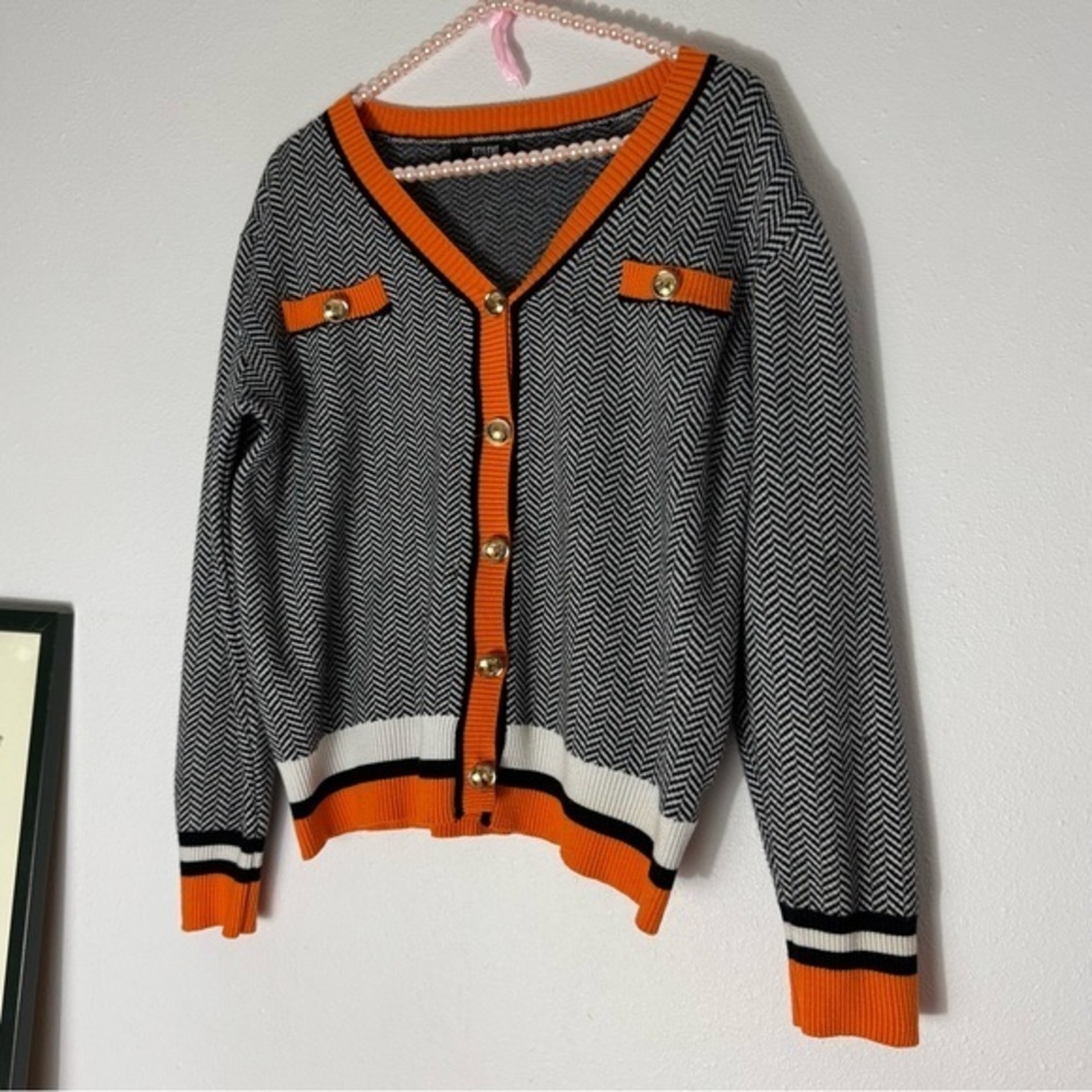 Stylewe strive black and white chevron and orange trim cardigan size XL